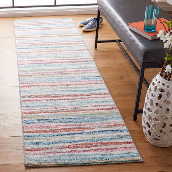 Phoenix 2 ft. x 10 ft. Ivory/Blue Abstract Striped Runner Rug