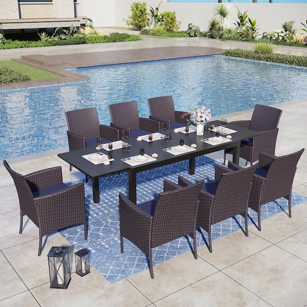 PHI VILLA 9-Piece Black Metal Patio Outdoor Dining Set with Extendable Table and Rattan Chairs with Blue Cushion