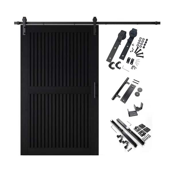 ST 50 in. x 80 in. C-Panel Black Vertical Stripe Design Solid Pine Wood Sliding Barn Door with Hardware Kit