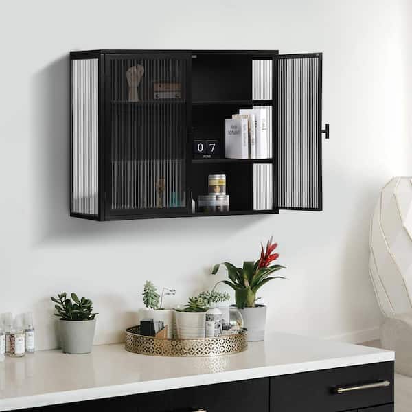 Modern 28 in. W x 9 in. D x 24 in. H Bathroom Storage Wall Cabinet in Black