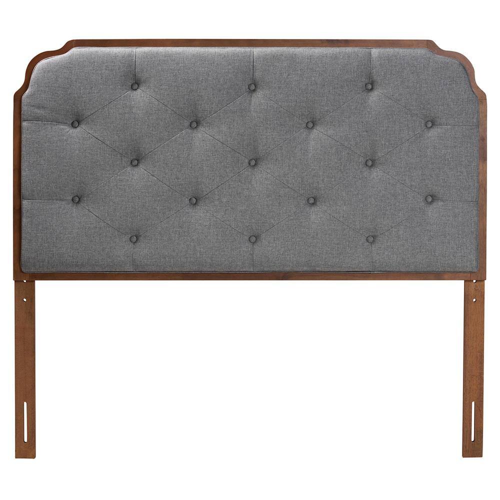 Gray Tufted Upholstered Queen Headboard with Walnut Wood Frame