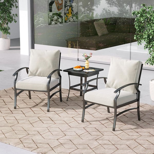 3-Piece Metal Outdoor Armchair Patio Conversation Set with Beige Cushions
