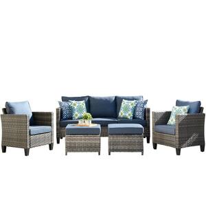 Victoria Gray 5-Piece Wicker Outdoor Patio Conversation Seating Sofa Set with Denim Blue Cushions