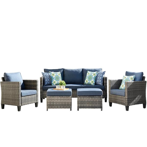 Victoria Gray 5-Piece Wicker Outdoor Patio Conversation Seating Sofa Set with Denim Blue Cushions