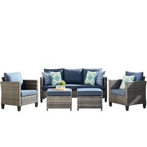 Megon Holly Gray 5-Piece Wicker Outdoor Patio Conversation Seating Sofa Set with Denim Blue Cushions