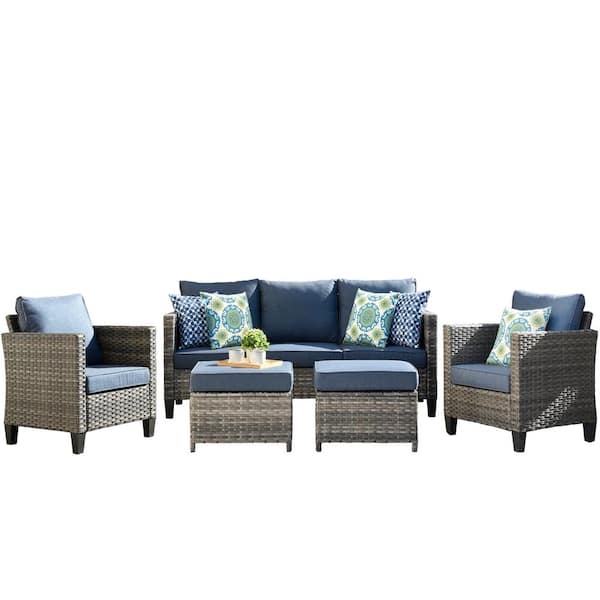 Megon Holly Gray 5-Piece Wicker Outdoor Patio Conversation Seating Sofa Set with Denim Blue Cushions