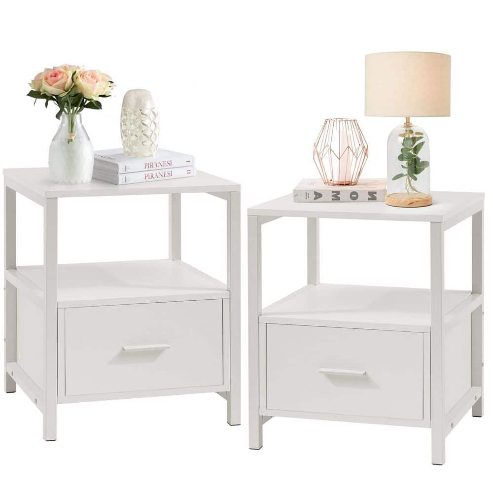 White Rustic Nightstands Set of 2, Modern Bedside Tables with Drawer and Storage Shelves, Industrial End Tables