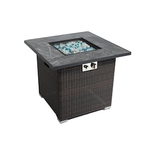 30 in. Brown Square Wicker Outdoor Propane Gas Fire Pit Table Patio Fire Table with Glass Rocks and Rain Cover