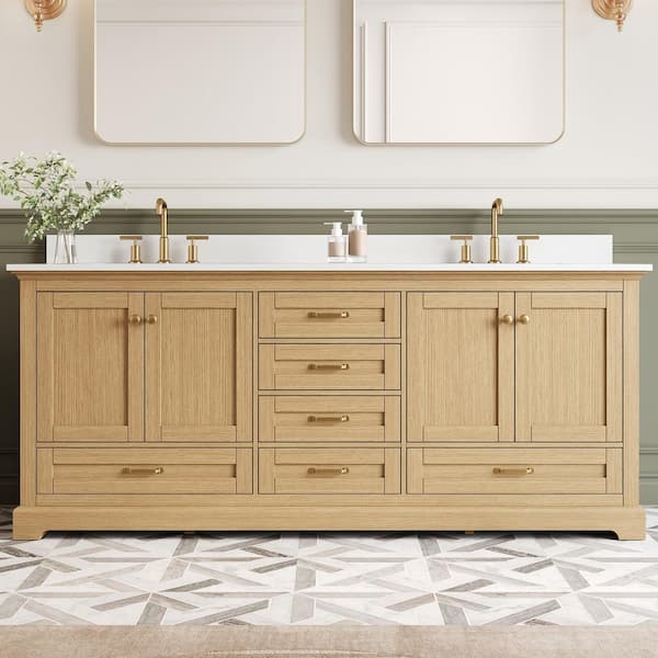 80 in. Solid Wood Double Sink Freestanding Bath Vanity in Oak with White Culutered Marble Top, Assembled