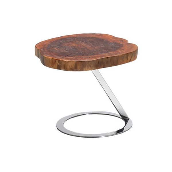 Benjara 17 in. Brown and Chrome Round Wood End Table with Metal Base