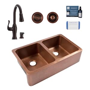Adams 36 in. Farmhouse Apron Undermount Double Bowl 16 Gauge Antique Copper Kitchen Sink with Maren Bronze Faucet Kit