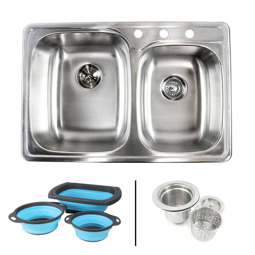Topmount Drop-In 18G Stainless Steel 33-1/8 in. 3 Hole 60/40 Double Bowl  Kitchen Sink w/ Collapsible Silicone Colanders ALTO-6040-3-CKC