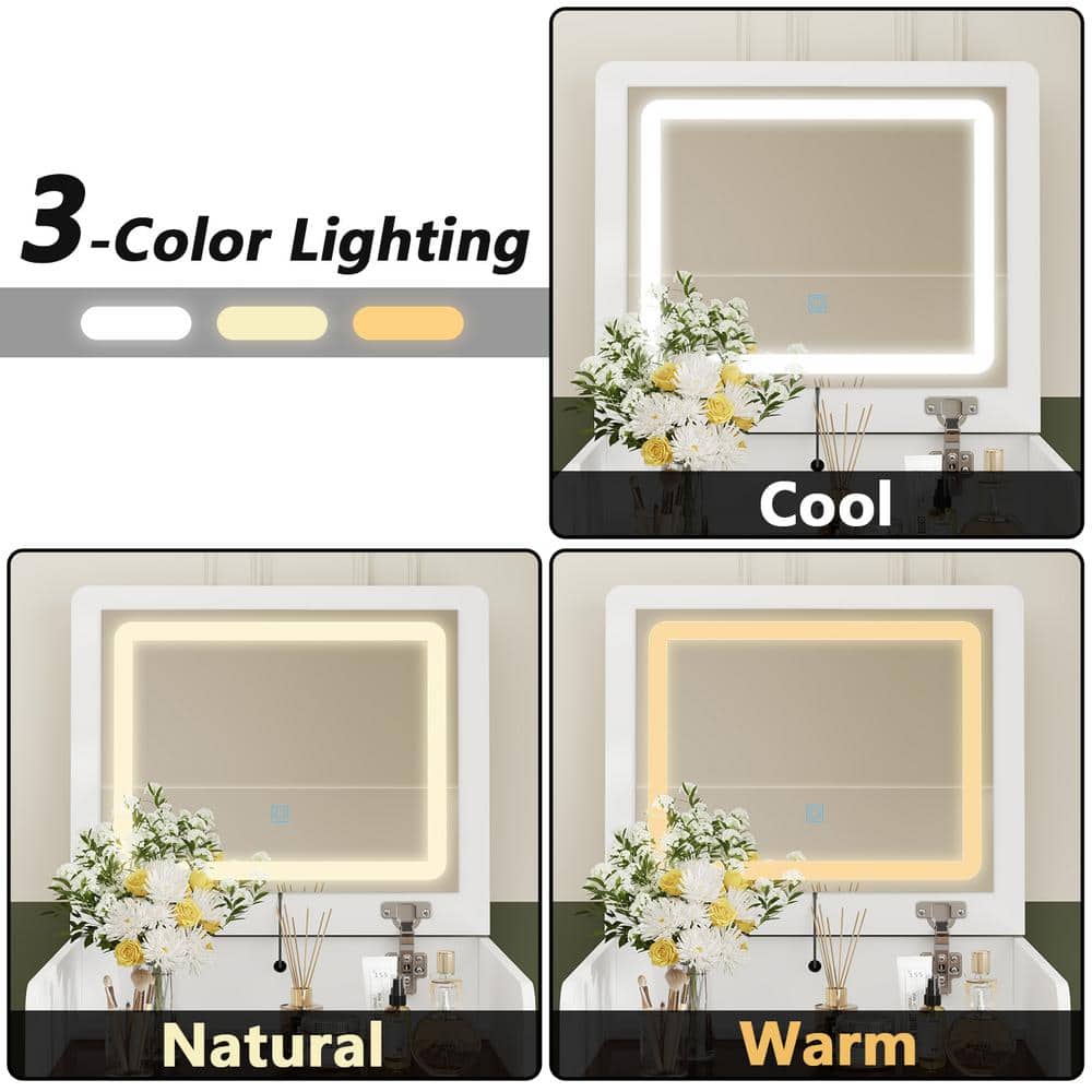 3-Drawer White Wood Makeup Vanity Set Dresser Table with Flip-Top Mirror, See-Through Glass Top, Lights, Stool - thumbnail 7