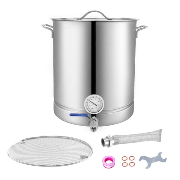 Stainless Steel Brewing Kettle 16 Gallon, Tri-Ply Bottom, Lid & Handles, Thermometer, Ball Valve Spigot, Filter Set