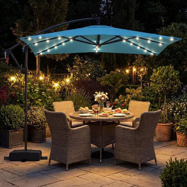 8 foot lighted patio umbrella Costway 8 x 8 ft. Solar LED Offset Cantilever Patio Umbrella with 360°  Rotation, Crank in Turquoise HCST13212