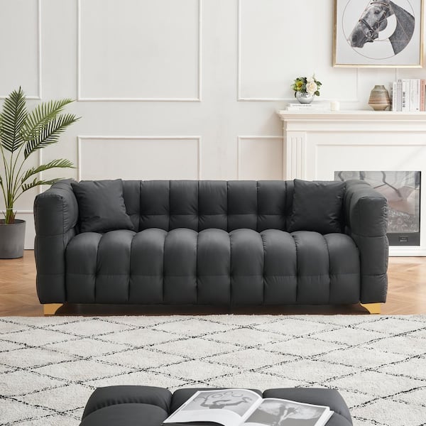 80 in. Wide Square Arm Faux Leather Rectangle Modern Upholstered Sofa in Black