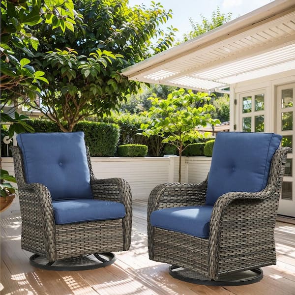 Gymojoy Carolina Gray Wicker Outdoor Rocking Chair with CushionGuard Blue Cushion 2-Pack