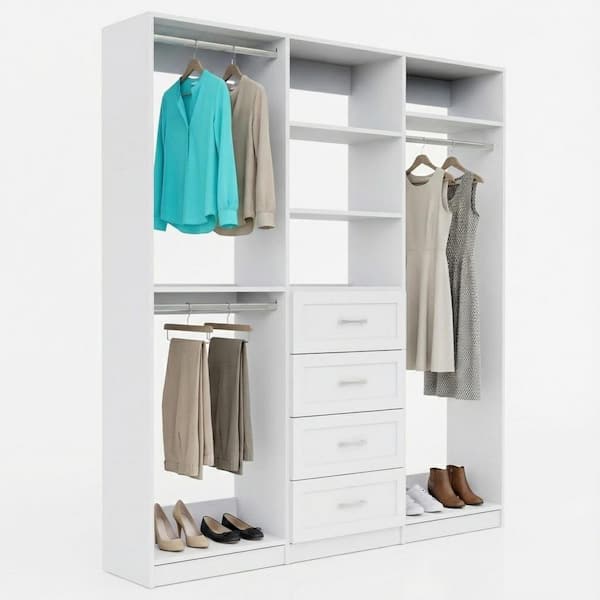 Alto Collection 58.5 in. W White Wall Mounted Shaker Double Hang, 4-Drawer and Tall Hang Wood Closet System
