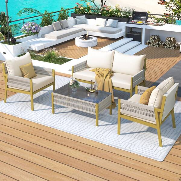OLUMAT 4-Piece Rope Patio Wood Conversation Set with CushionGuard Beige Cushions with Tempered Glass Table