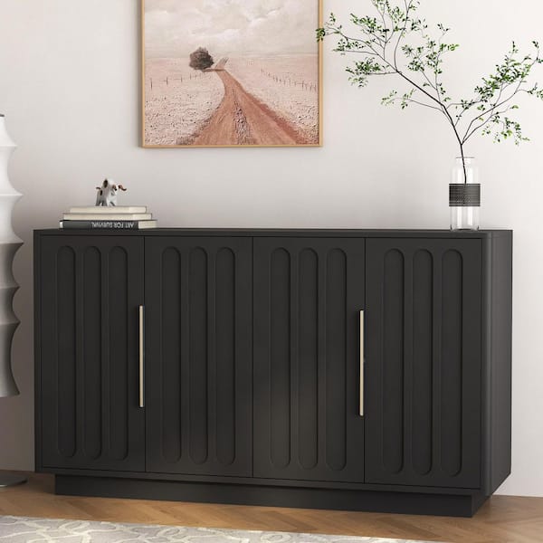 Modern 55.1 in. W Black MDF Wood Buffet Sideboard Cabinet with Adjustable Shelves and Fluted Doors