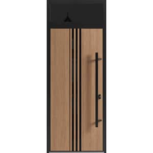 1055 36 in. x 96 in. Left-hand/Inswing Transom Tinted Glass Teak Steel Prehung Front Door with Hardware