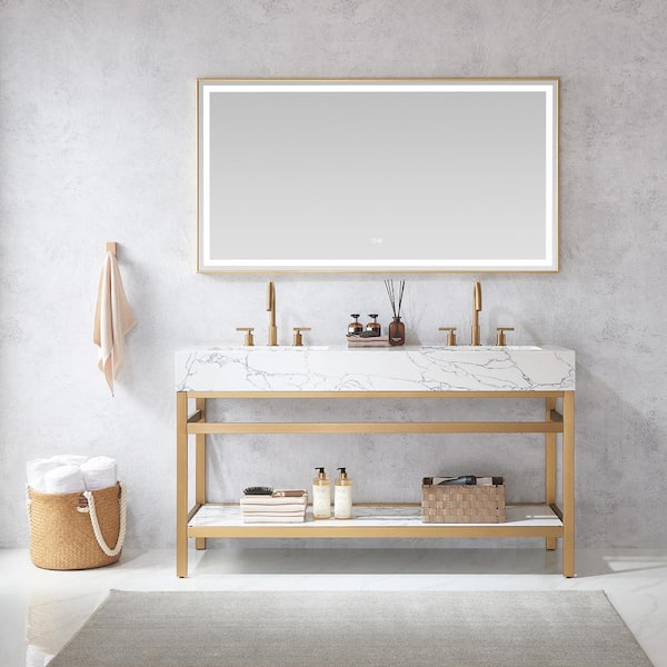 ROSWELL Ecija 60 in. W x 22 in. D x 33.9 in. H Double Sink Bath Vanity in Brushed Gold with White Stone Top