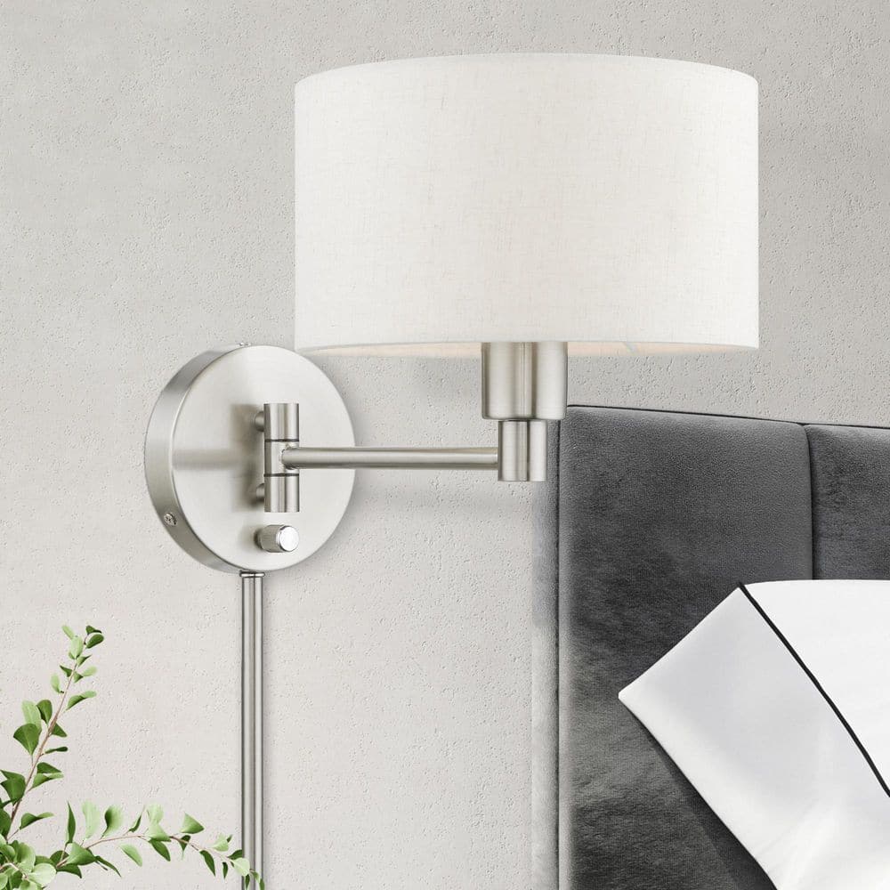 Transitional Brushed Nickel Swing Arm Wall Lamp with Oatmeal Fabric Shade