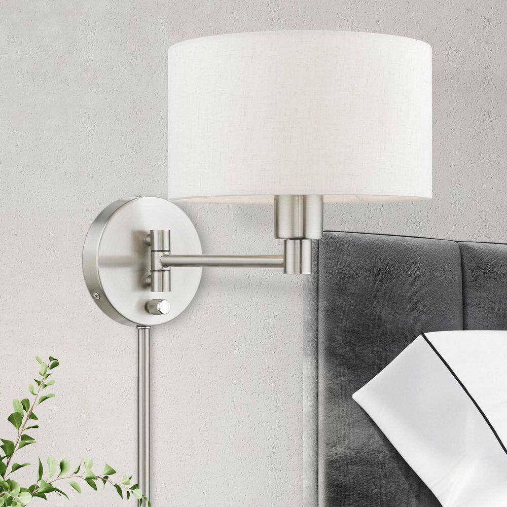 Transitional Brushed Nickel Swing Arm Wall Lamp with Oatmeal Fabric Shade
