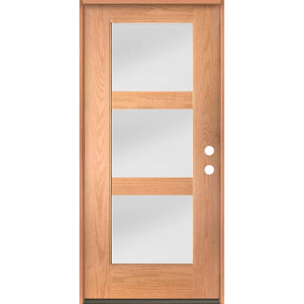 Krosswood Doors BRIGHTON Modern 36 in. x 80 in. 3-Lite Left-Hand/Inswing Satin Etched Glass Teak Stain Fiberglass Prehung Front Door