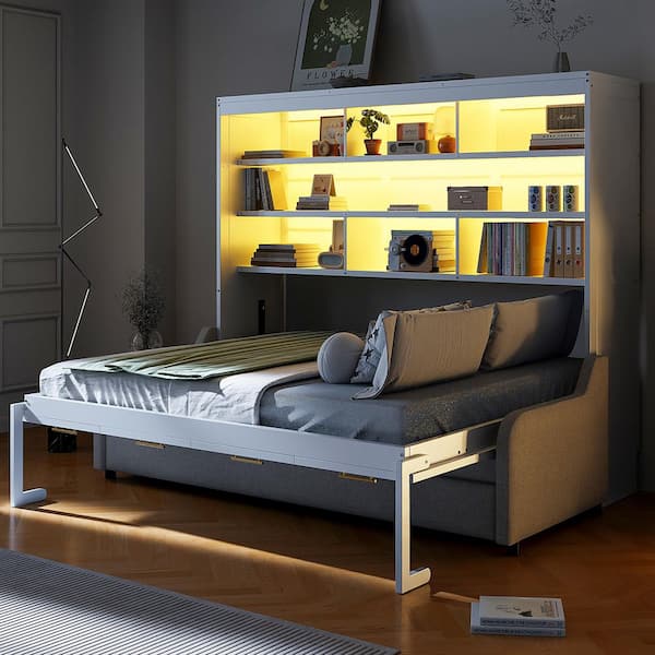 White Wood Frame Full Size Murphy Bed Cabinet Bed with Beige Sofa, Built-in Storage Shelves and LED Light