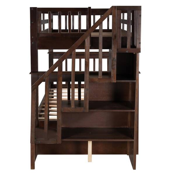 Qualler Hazzard Espresso Twin Over Twin Bunk Bed with Stairs and Shelves BLE000109P