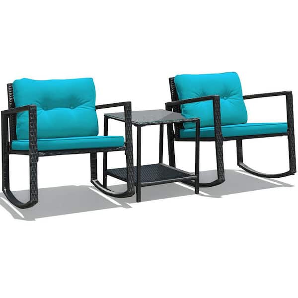 ANGELES HOME 3-Piece PE Wicker Outdoor Sofa Set Patio Conversation Set with Rocking Chairs and Blue Cushions