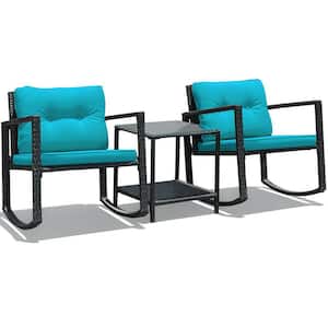 3-Piece PE Wicker Outdoor Sofa Set Patio Conversation Set with Rocking Chairs and Blue Cushions