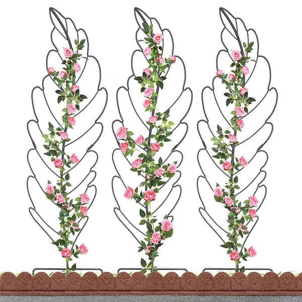 ABORON 3-Pack Metal Garden Trellis Plant Support Trellis for Climbing Vines Floral Vegetables Metal Trellis (Leaf, Black)