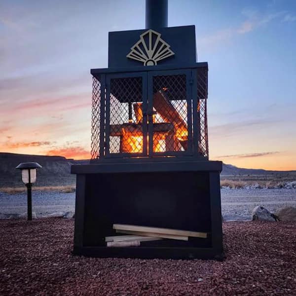 AMITY TRUN LLC 51.57 in. H Iron Wood Burning Outdoor Fireplace with Chimney and Included Wood Grate and Wheels