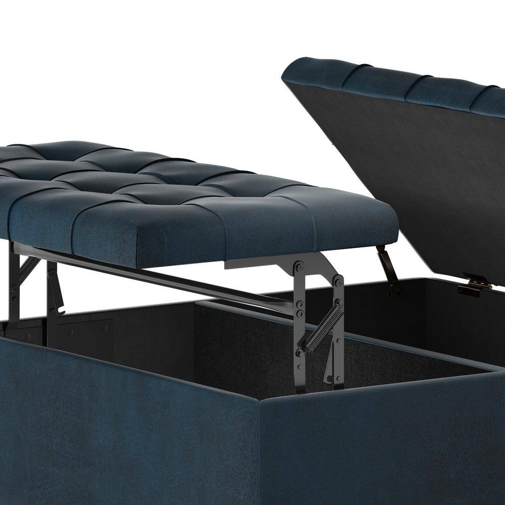 Distressed Dark Blue Tufted Faux Leather Cocktail Ottoman
