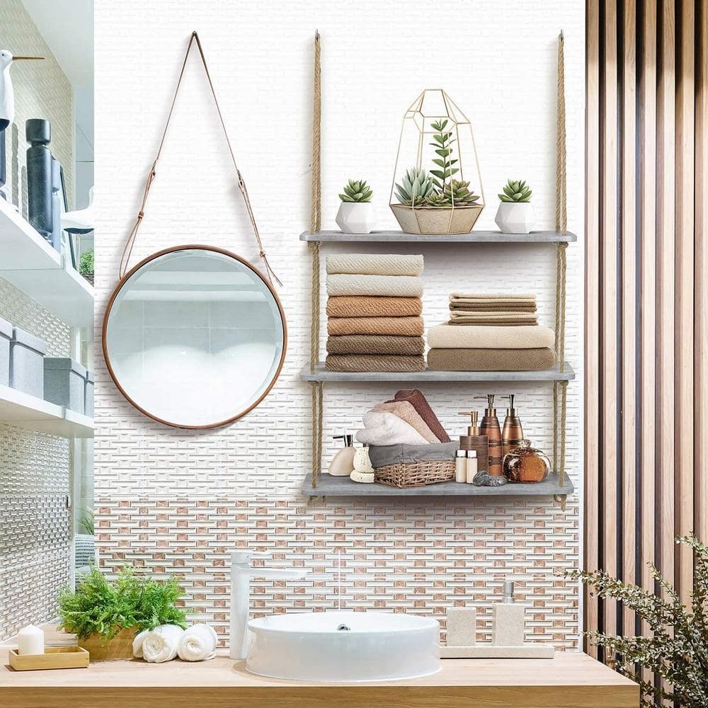 Sorbus Rustic Gray Wood 3-Tier Rectangular Floating Shelf