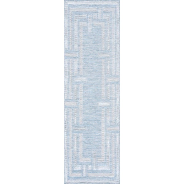 Bailey Aqua 2 ft. x 7 ft. Transitional Geometric Flat Weave Polypropylene Runner Indoor/Outdoor Runner Rug