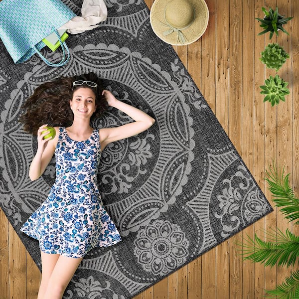 Dark Grey 9 ft. x 12 ft. Waikiki Medallion Modern Indoor Outdoor Area Rug