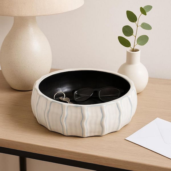 Liv & Skye White 11 in. Stoneware Round Sea Urchin Decorative Bowl