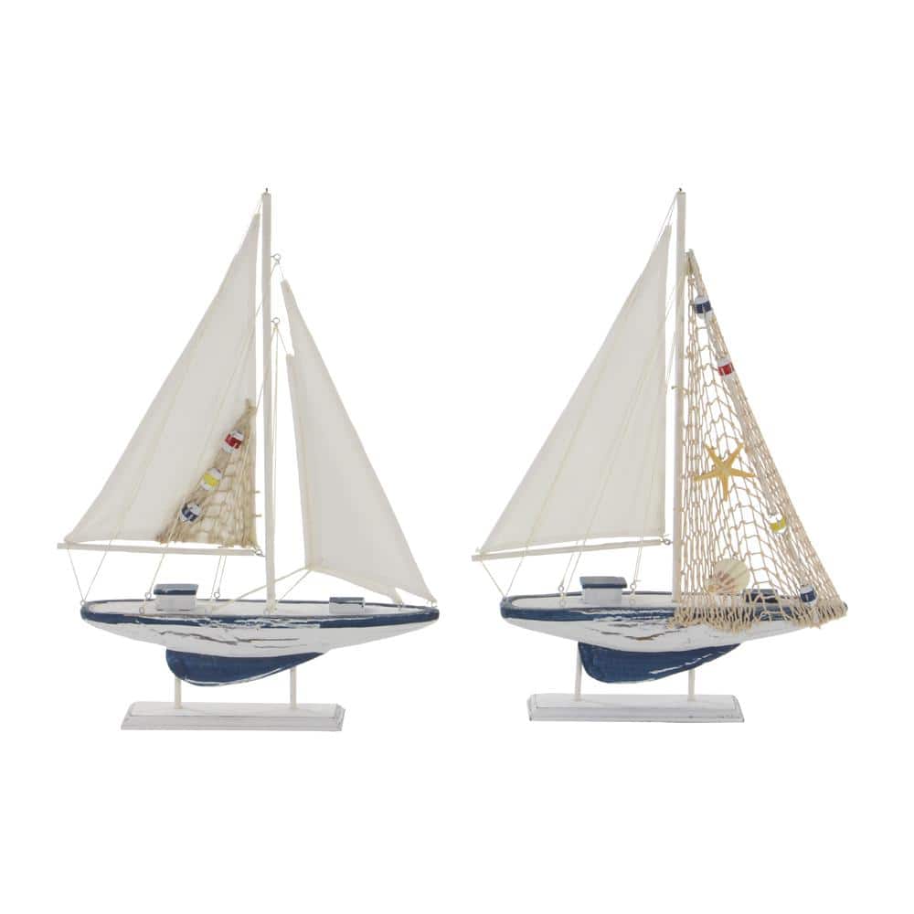 White and Blue Pine Wood Nautical Sail Boat Sculpture Set