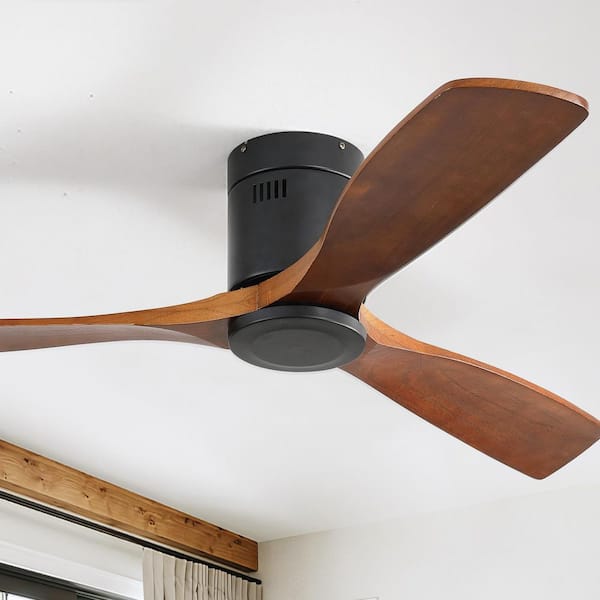 52 in. Black and Brown Flush Mount Standard Indoor/Outdoor Smart Ceiling Fan with Light, App and Remote Included