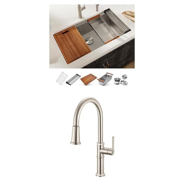 Idris Brushed Nickel Faucet and Roma 32 in. Stainless Steel Workstation Sink Combo