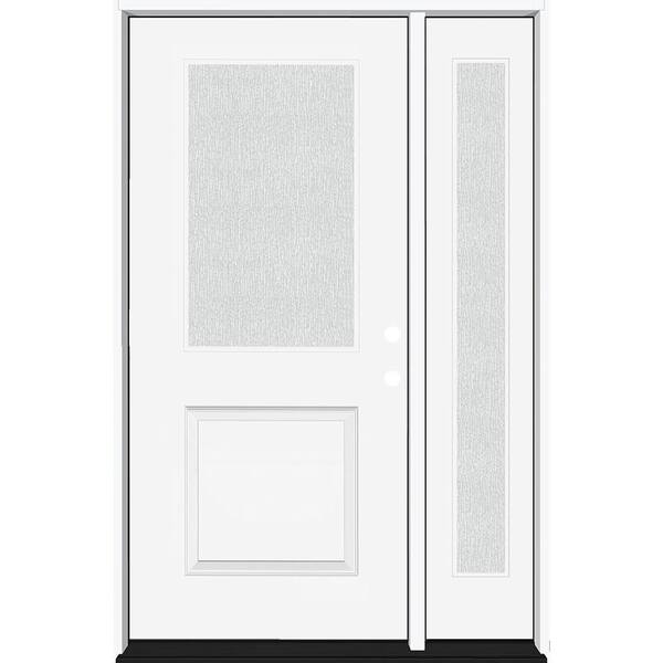 Steves & Sons Legacy 51 in. W. x 80 in. 1/2 Lite Rain Glass LHIS Primed White Finish Fiberglass Prehung Front Door with 12 in. SL