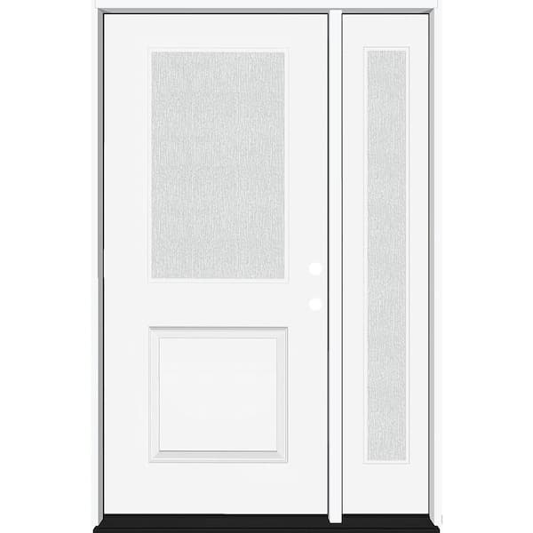 Steves & Sons Legacy 53 in. x 80 in. 1/2 Lite Rain Glass LHIS Primed White Finish Fiberglass Prehung Front Door w/14 in. SL