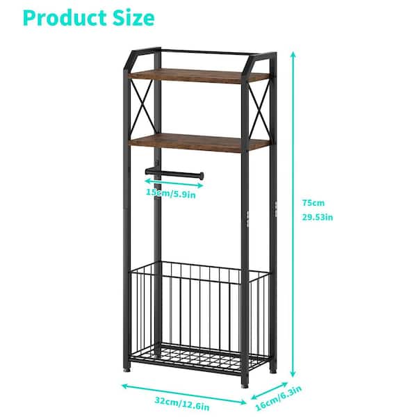 4-Tier Freestanding Toilet Paper Holder Stand, Bathroom Tissue Organizer with Wood Shelves and Large Basket in Black