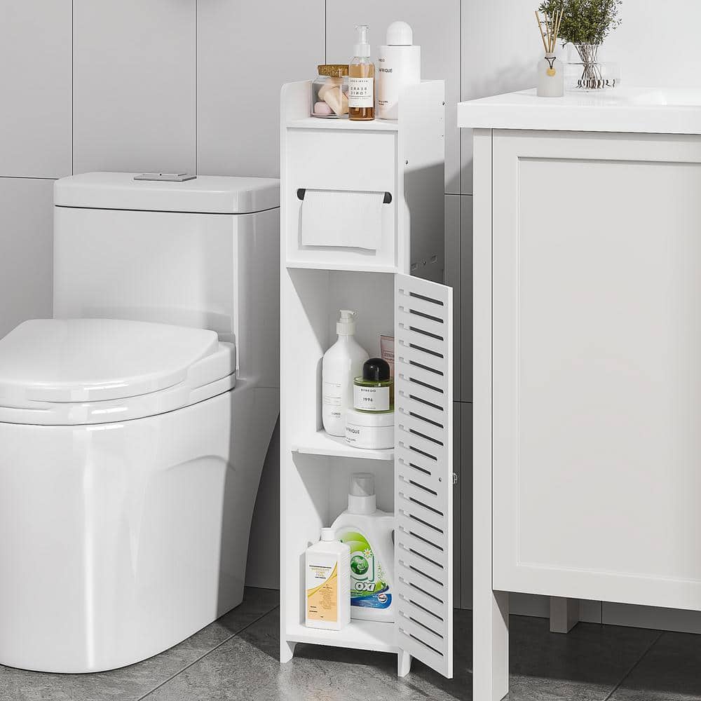 Vecelo Tall Bathroom Cabinet Slim Storage Cabinet With Toilet Paper Scroll And Adjustable Shelf White