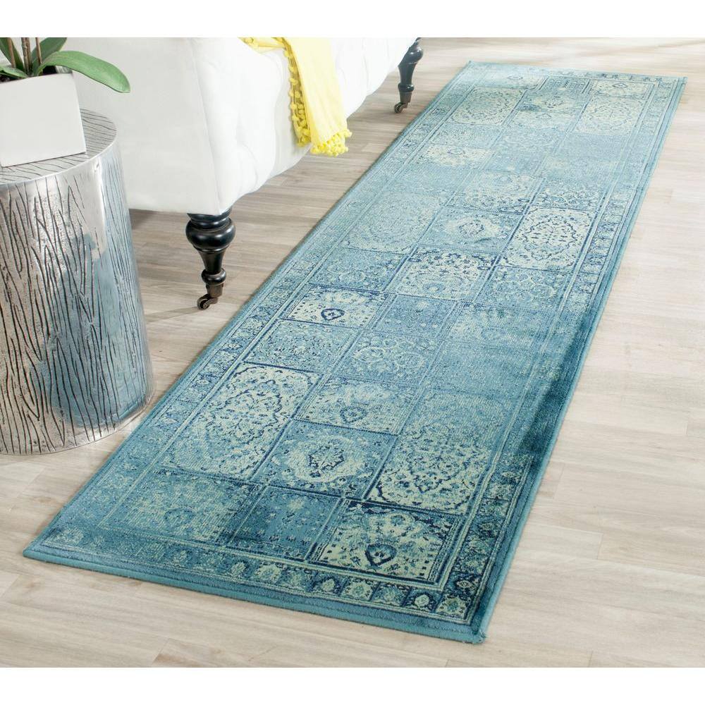 Turquoise and Multi Wool Silk Vintage Runner Rug