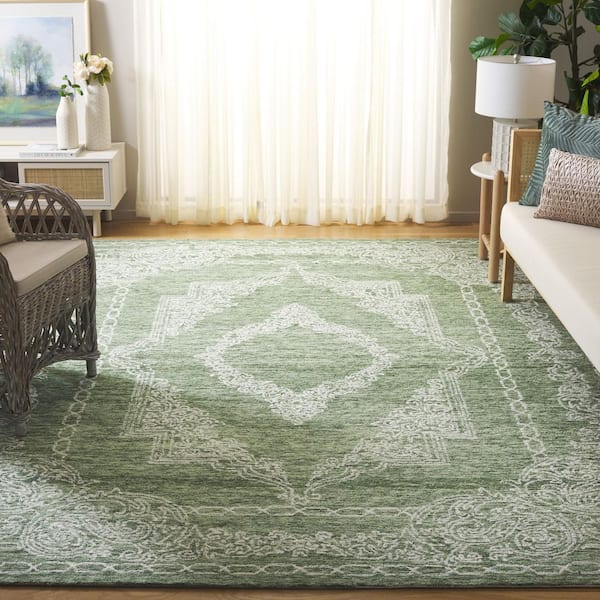 Metro 7 ft. x 7 ft. Green/Ivory Medallion Distressed Square Area Rug