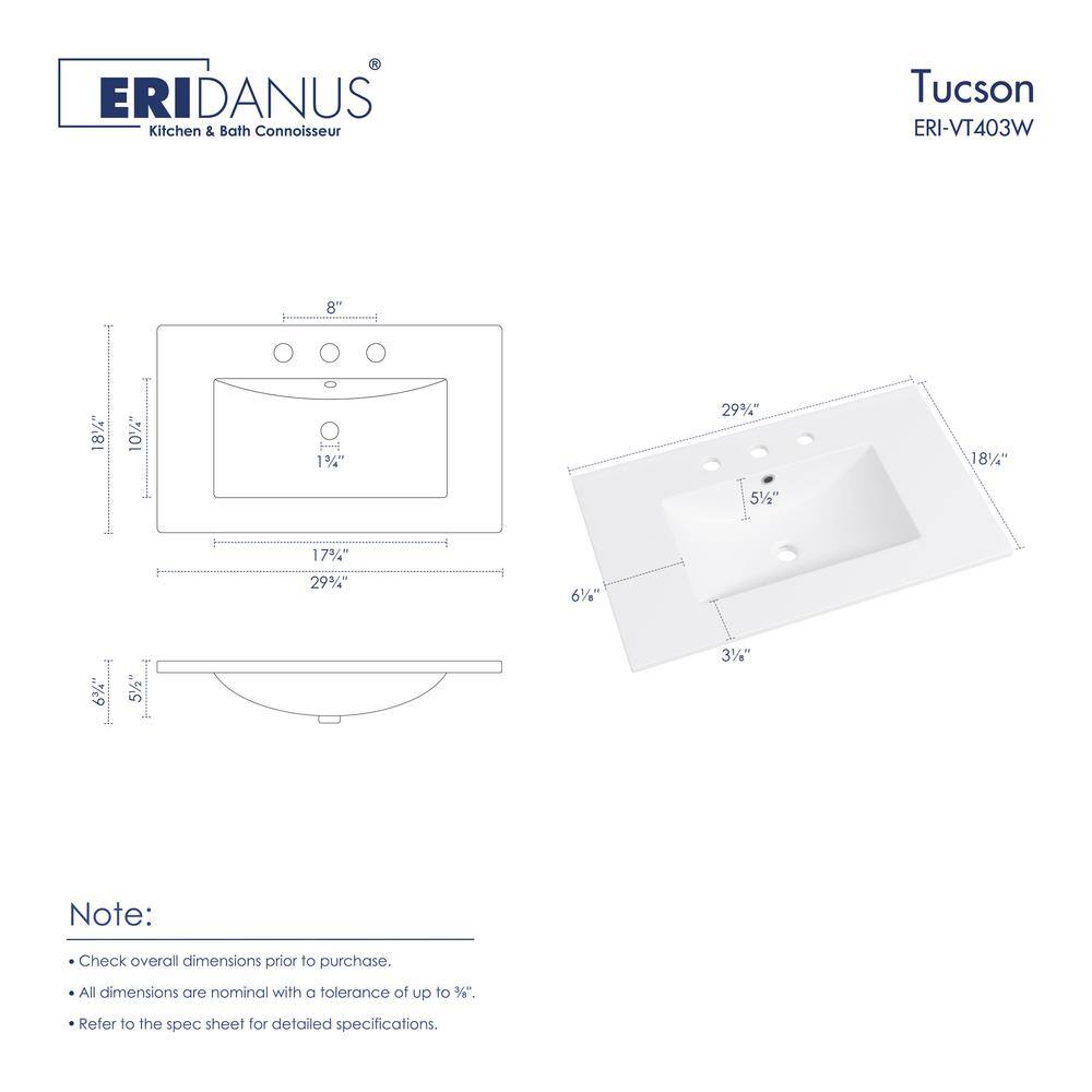 Tucson 30" White Ceramic Rectangular Single Vanity Top Sink